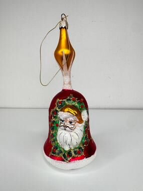 Vintage Hand Blown Glass Santa Bell Christmas Ornament Glitter 6"